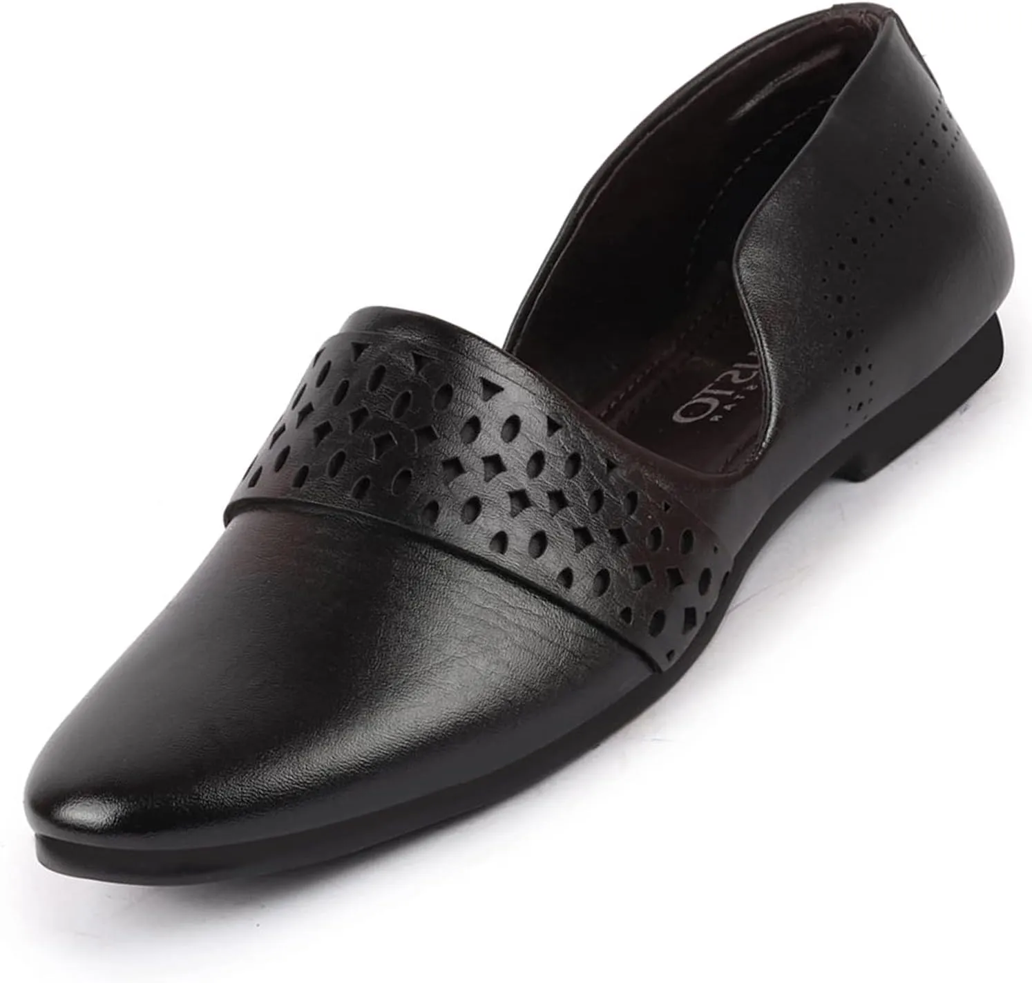 Men's Laser Cut Design Side Open Broad Feet Ethnic Party Slip On Shoes, Black, 10 UK