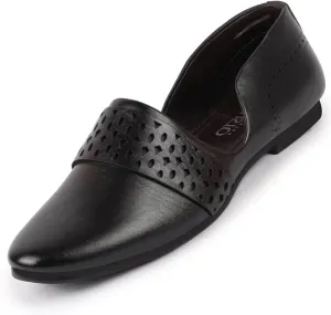 Men's Laser Cut Design Side Open Broad Feet Ethnic Party Slip On Shoes, Black, 10 UK