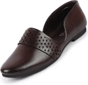 Men's Laser Cut Design Side Open Broad Feet Ethnic Party Slip On Shoes, Brown, 6 UK