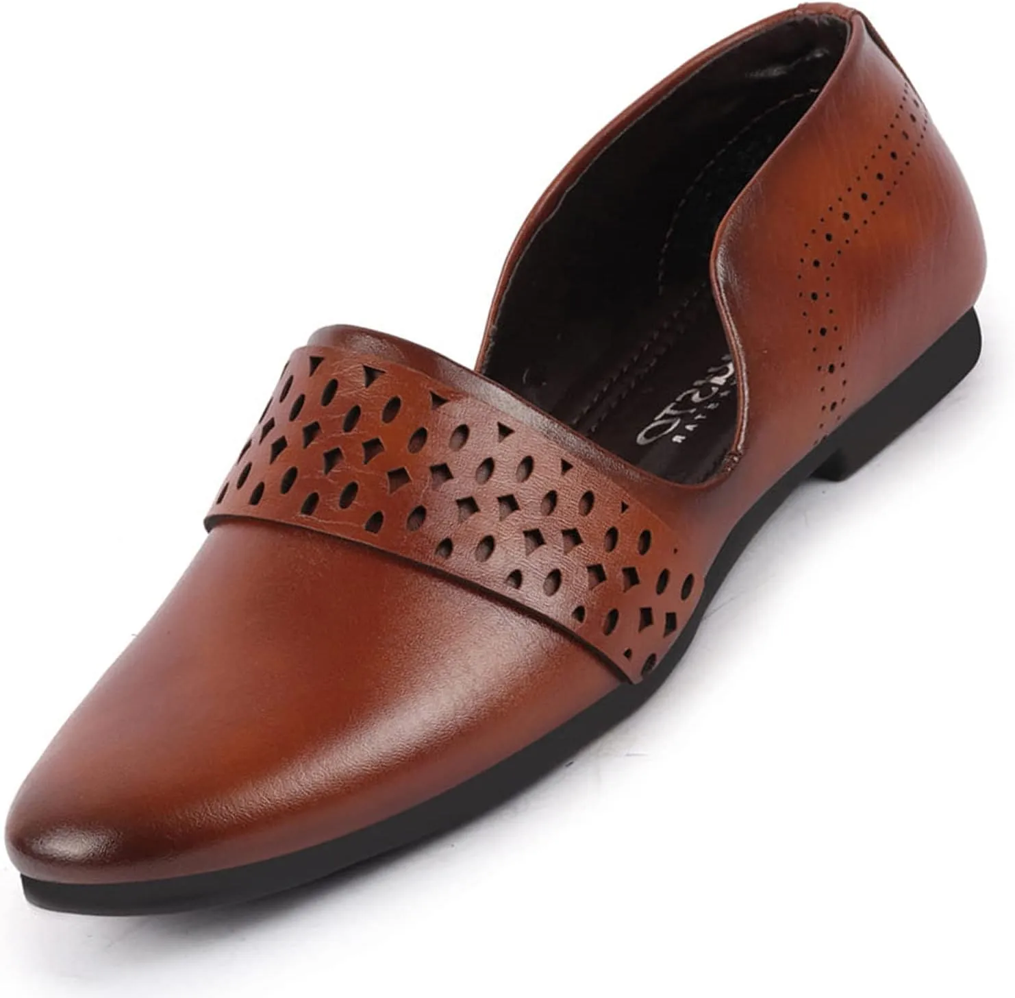 Men's Laser Cut Design Side Open Broad Feet Ethnic Party Slip On Shoes, Tan, 9 UK