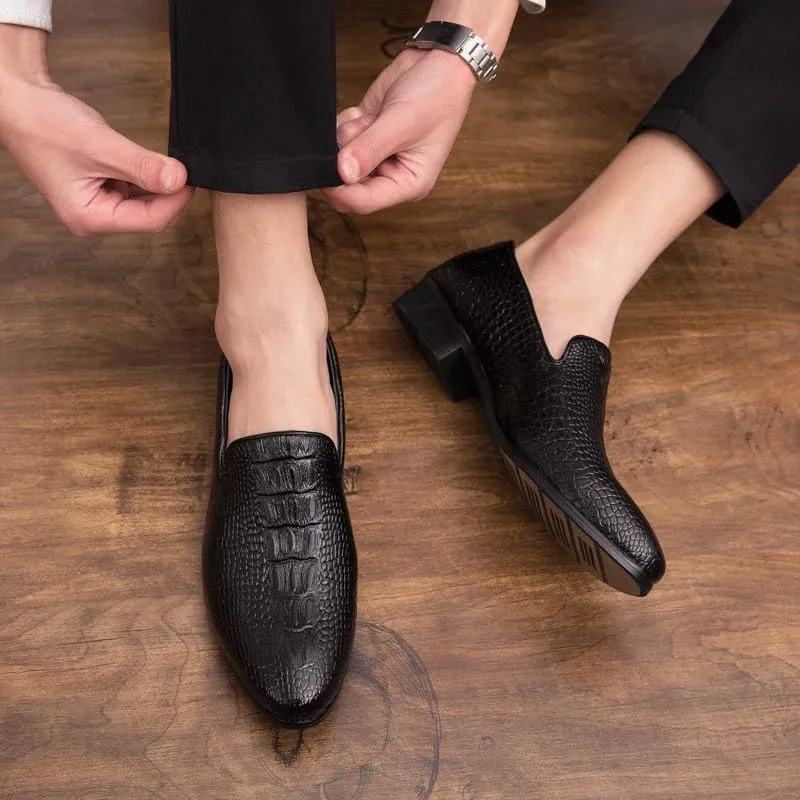 Men's Patent Leather Elevator Shoes, Height Increasing Slip-On Oxford Loafers, Crocodile Pattern Formal Shoes for Business & Wedding
