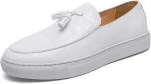 Men's Pattern Leather Platform Slip On Tassel Loafers Comfortable Round Toe Low Top Non-Slip Casual Dress Shoes Flat Penny Loafer for Dating Business Party