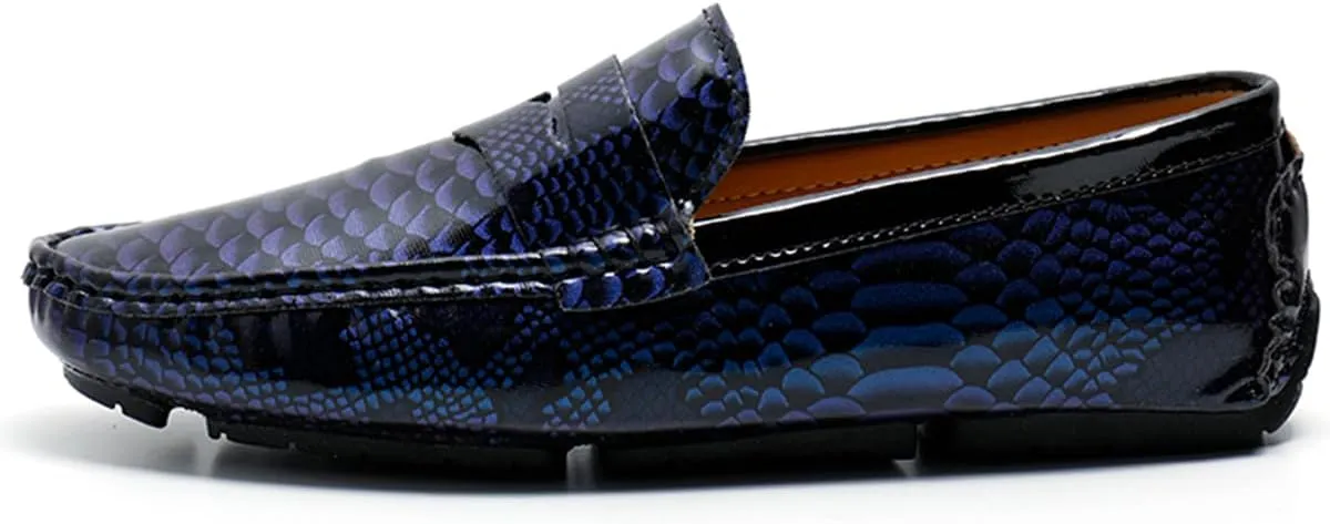 Men's Slip-On Flats Driving Loafers with Snake Print Outdoor Leather Shoes