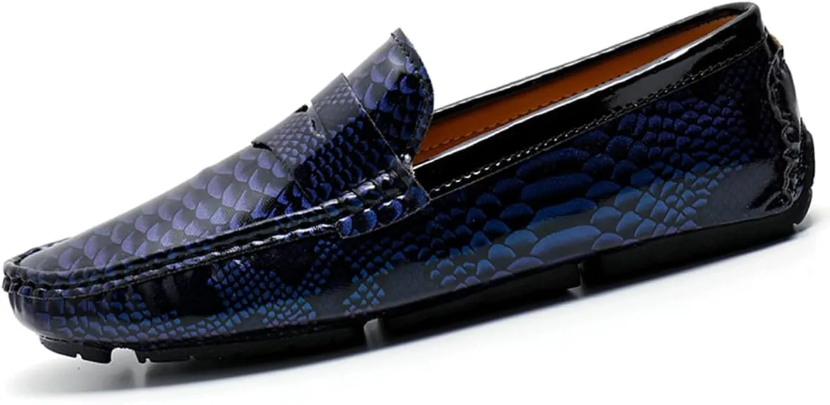 Men's Slip-On Flats Driving Loafers with Snake Print Outdoor Leather Shoes