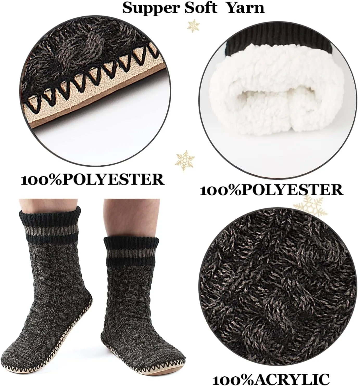 Men's Slipper Socks, Winter Cable Knit Non-Skid Warm Slipper Socks, Cozy Soft Indoor Socks with Fluffy Sherpa Lined