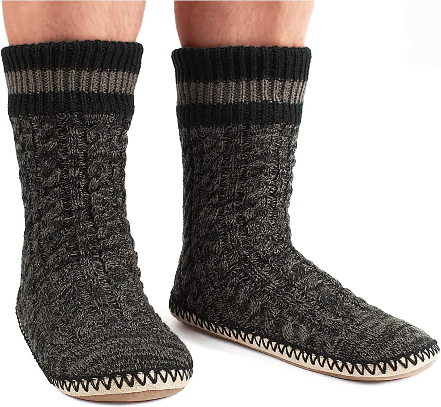 Men's Slipper Socks, Winter Cable Knit Non-Skid Warm Slipper Socks, Cozy Soft Indoor Socks with Fluffy Sherpa Lined