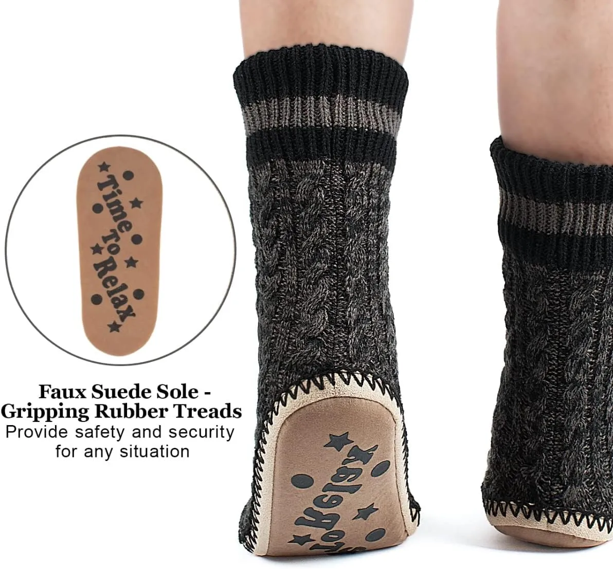 Men's Slipper Socks, Winter Cable Knit Non-Skid Warm Slipper Socks, Cozy Soft Indoor Socks with Fluffy Sherpa Lined