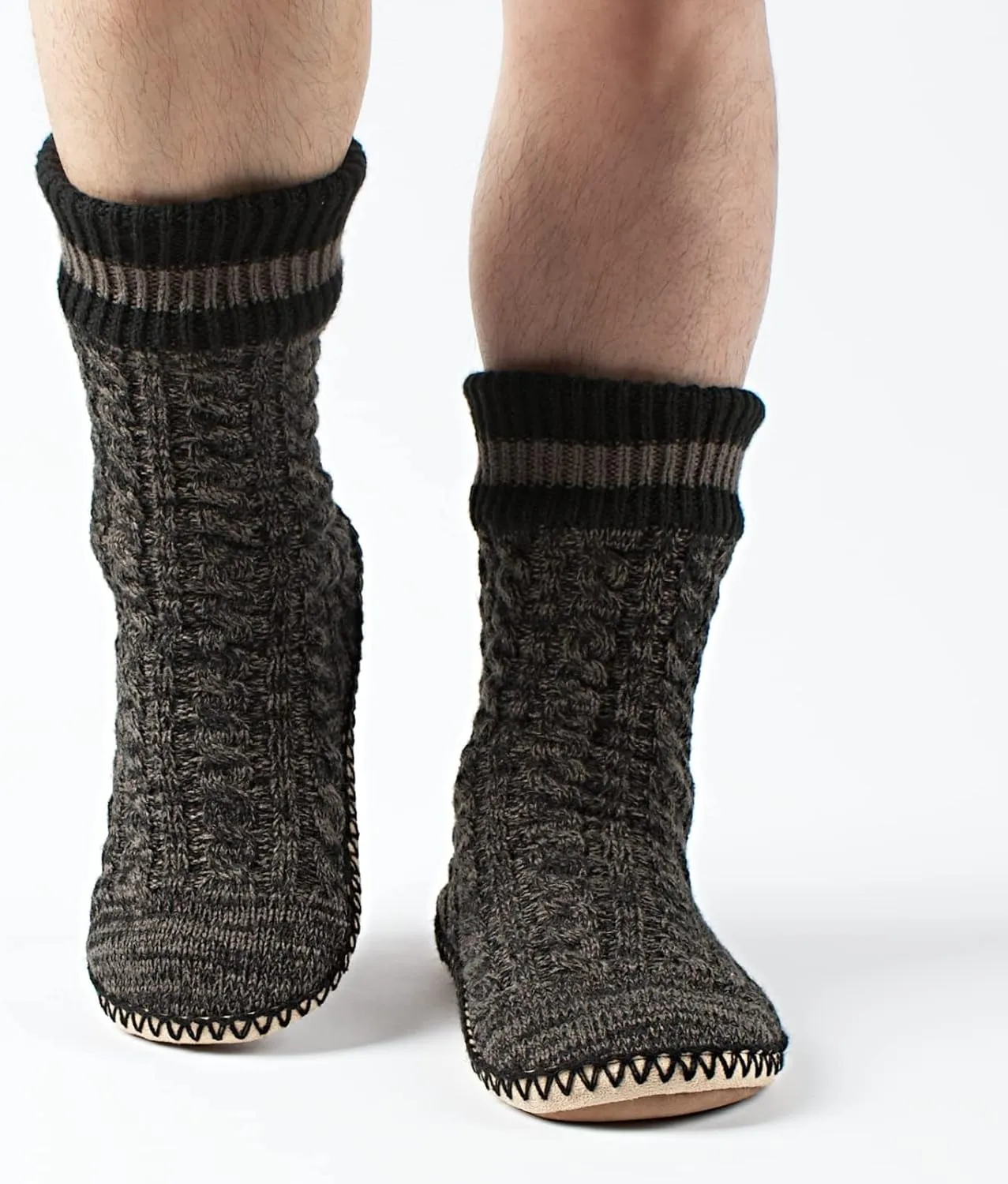Men's Slipper Socks, Winter Cable Knit Non-Skid Warm Slipper Socks, Cozy Soft Indoor Socks with Fluffy Sherpa Lined