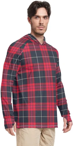 Mens Sun Hoodie Shirts UV Protection Long Sleeve Cream Tartan Plaid Fishing Shirt UPF 50 Sun Hoodies Hooded Rash Guard