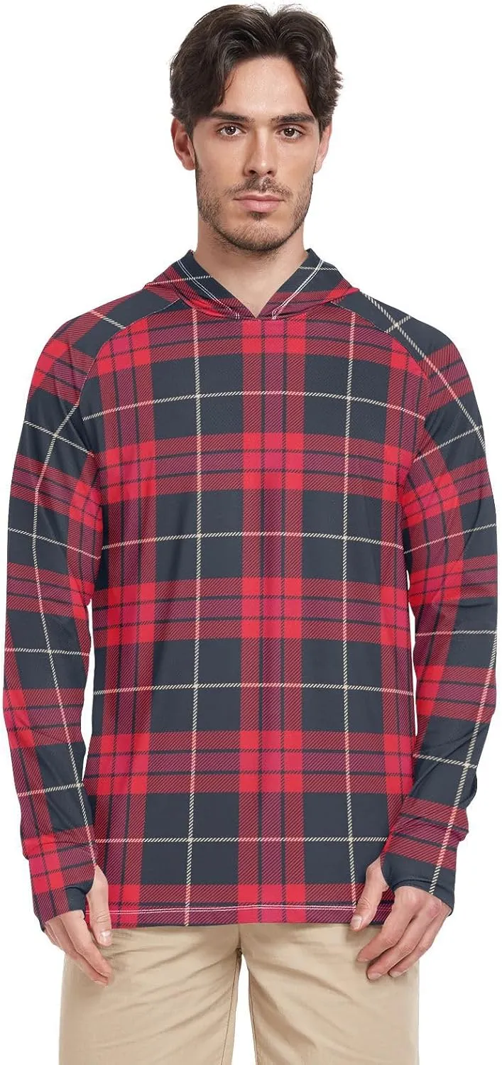 Mens Sun Hoodie Shirts UV Protection Long Sleeve Cream Tartan Plaid Fishing Shirt UPF 50 Sun Hoodies Hooded Rash Guard