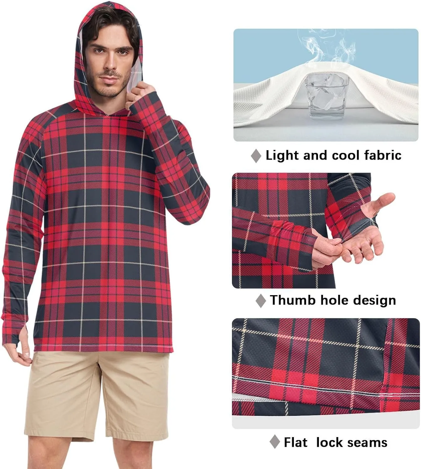 Mens Sun Hoodie Shirts UV Protection Long Sleeve Cream Tartan Plaid Fishing Shirt UPF 50 Sun Hoodies Hooded Rash Guard