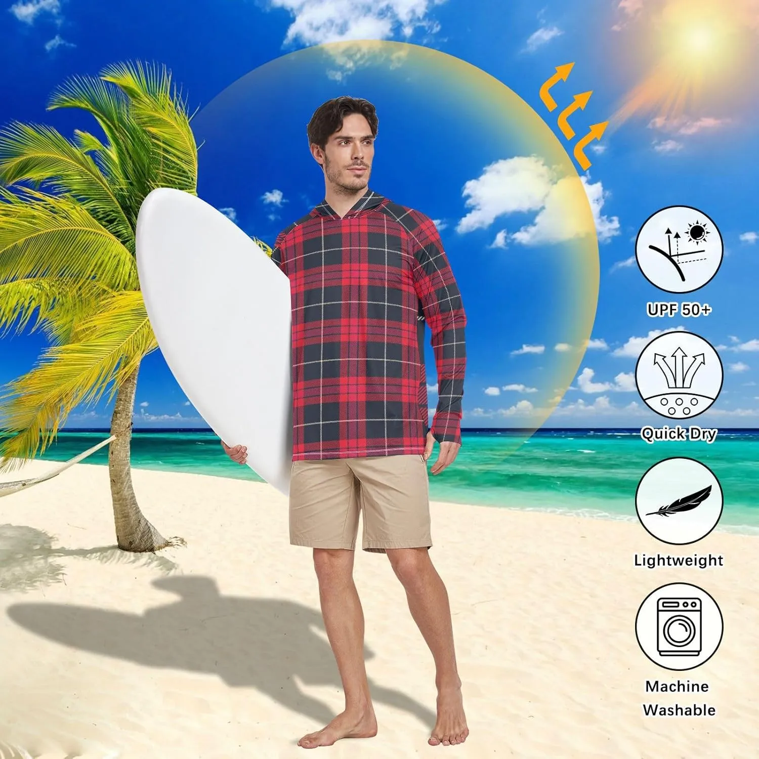Mens Sun Hoodie Shirts UV Protection Long Sleeve Cream Tartan Plaid Fishing Shirt UPF 50 Sun Hoodies Hooded Rash Guard