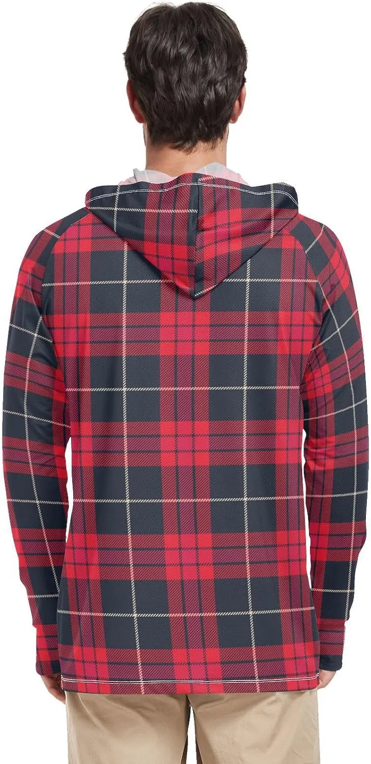 Mens Sun Hoodie Shirts UV Protection Long Sleeve Cream Tartan Plaid Fishing Shirt UPF 50 Sun Hoodies Hooded Rash Guard