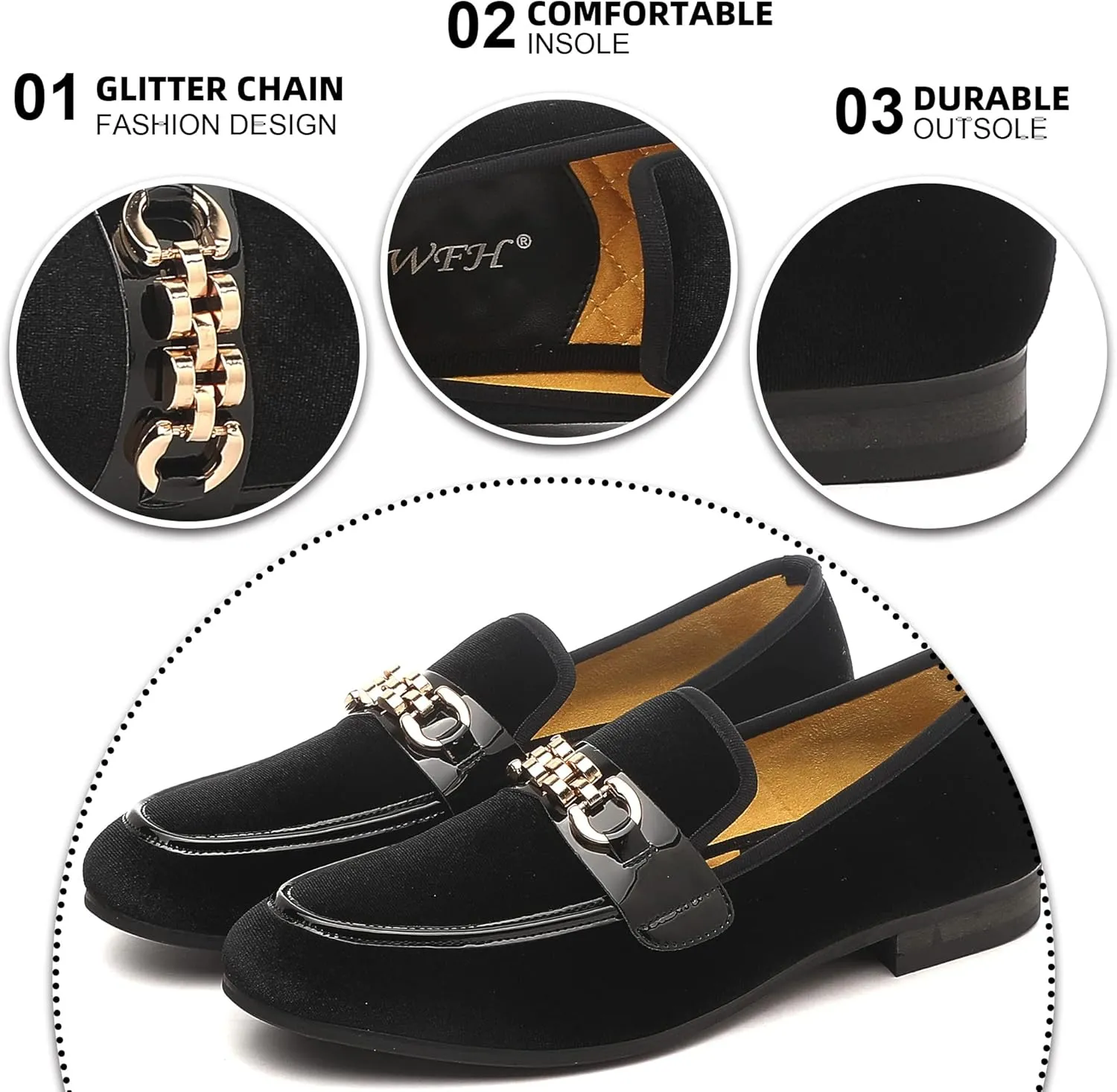 Men's Velvet Loafers,Mens Dress Shoes with Gold Chain, Slip On Flats Smoking Slippers Penny Shoes for Men