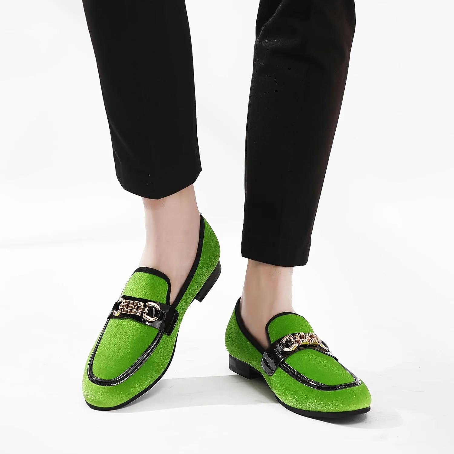 Men's Velvet Loafers,Mens Dress Shoes with Gold Chain, Slip On Flats Smoking Slippers Penny Shoes for Men
