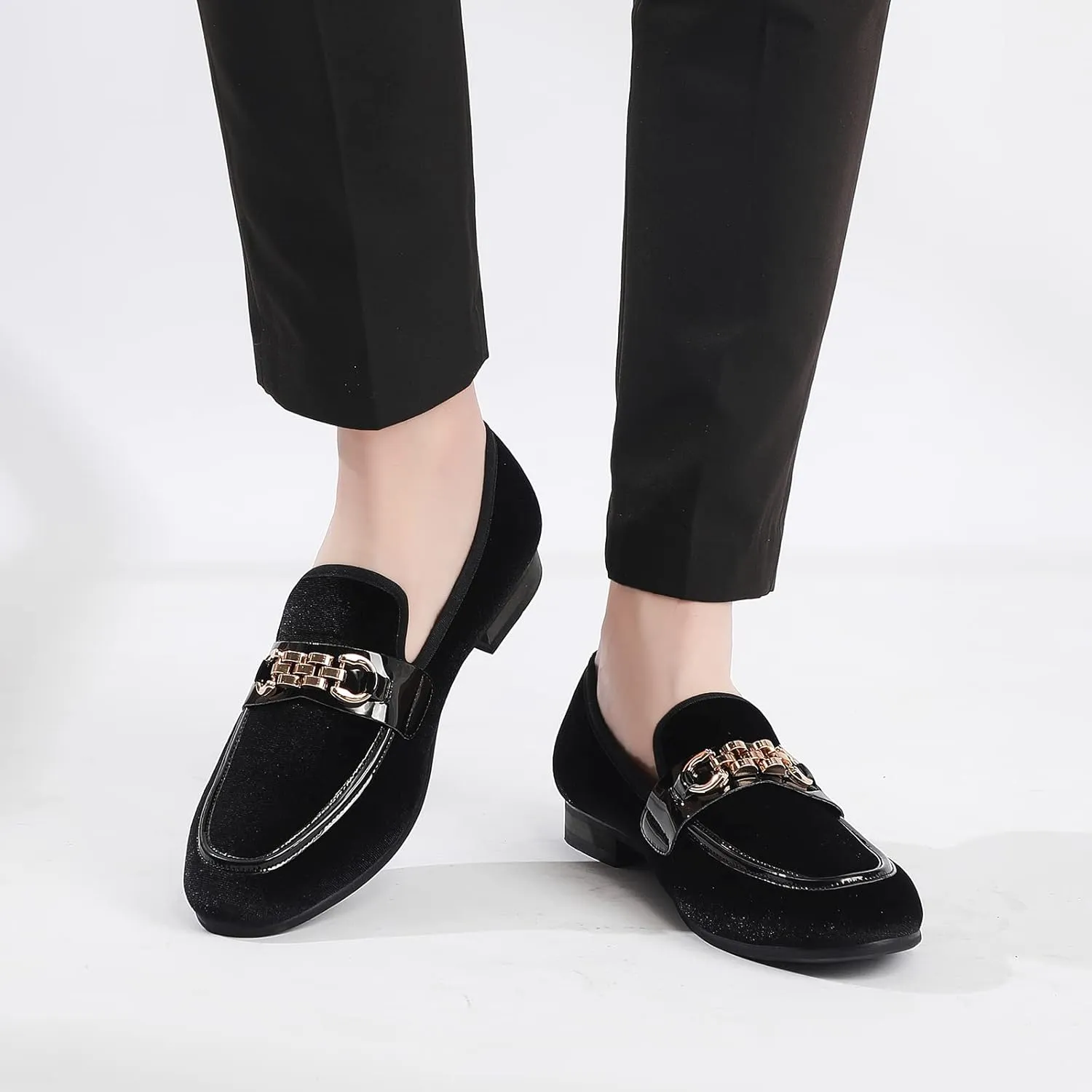 Men's Velvet Loafers,Mens Dress Shoes with Gold Chain, Slip On Flats Smoking Slippers Penny Shoes for Men
