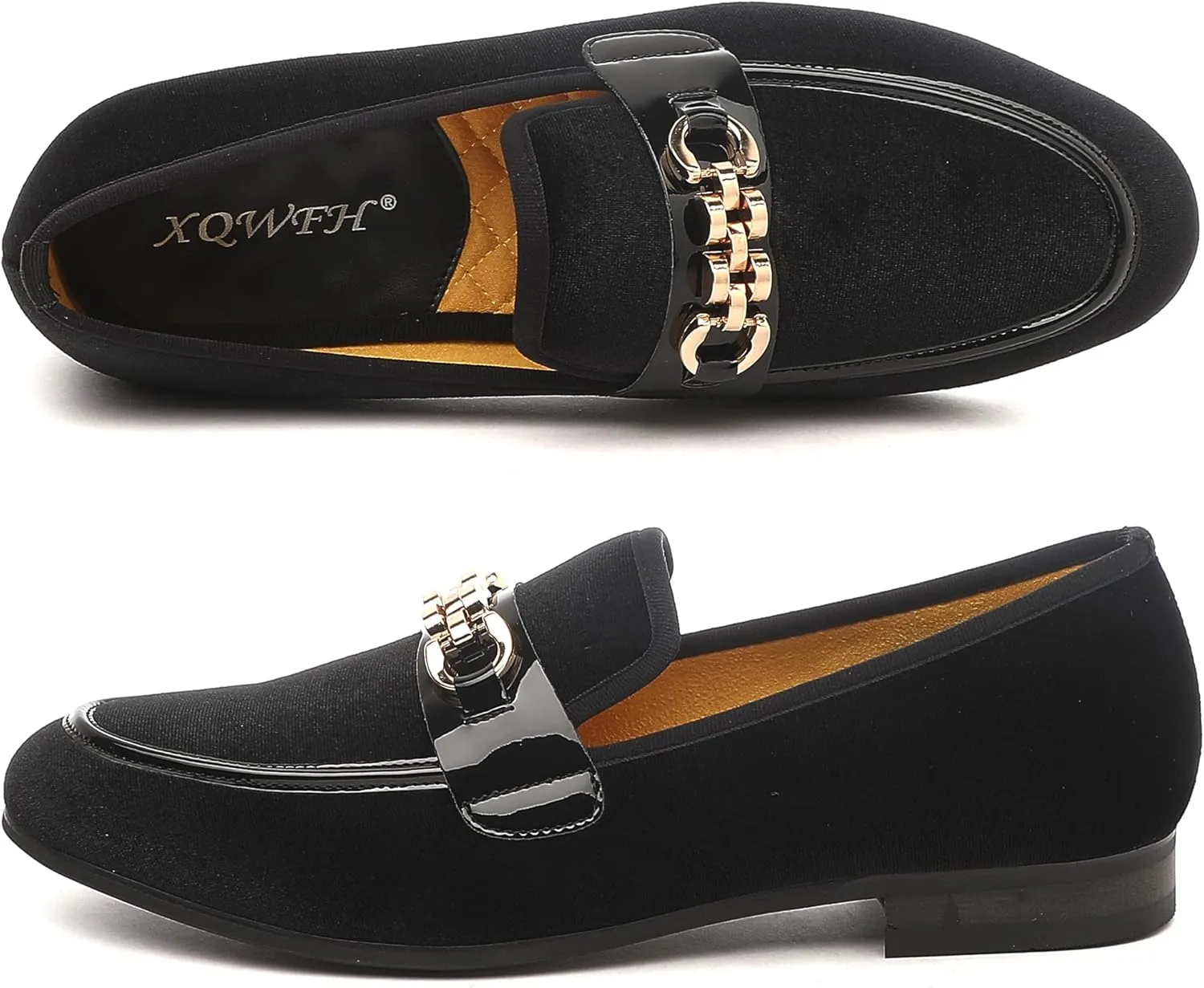 Men's Velvet Loafers,Mens Dress Shoes with Gold Chain, Slip On Flats Smoking Slippers Penny Shoes for Men