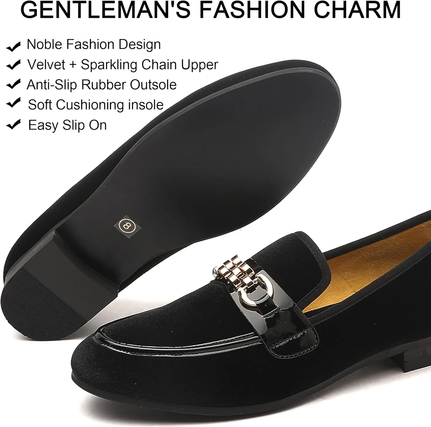 Men's Velvet Loafers,Mens Dress Shoes with Gold Chain, Slip On Flats Smoking Slippers Penny Shoes for Men