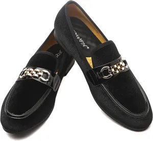 Men's Velvet Loafers,Mens Dress Shoes with Gold Chain, Slip On Flats Smoking Slippers Penny Shoes for Men