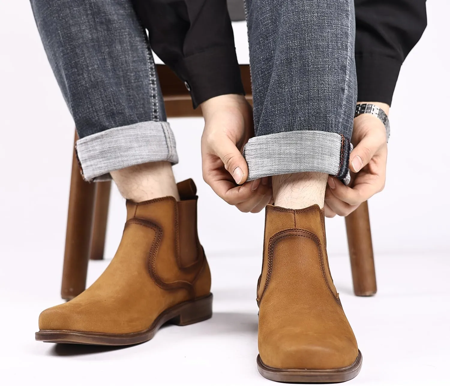 Men's Western Chelsea Cowboy Boots Square Toe, All-Weather Slip-On Work & Casual Boots for Ultimate Comfort & Durability