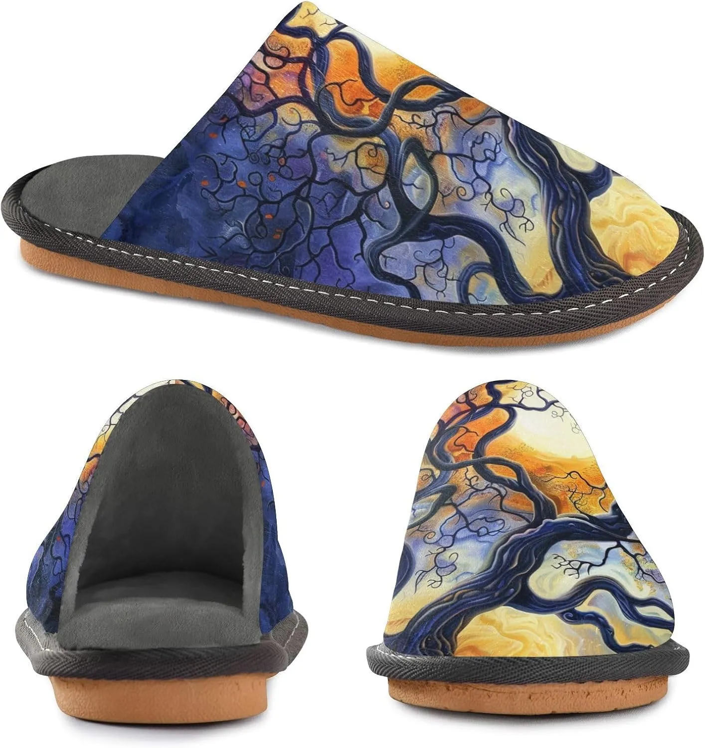 Mens Women's Cosy Slippers, Magic Moonlight Tree Silhouette Painting Casual Slip-On Breathable Memory Foam Scuff House Shoes for Indoor/Outdoor Size 4-11
