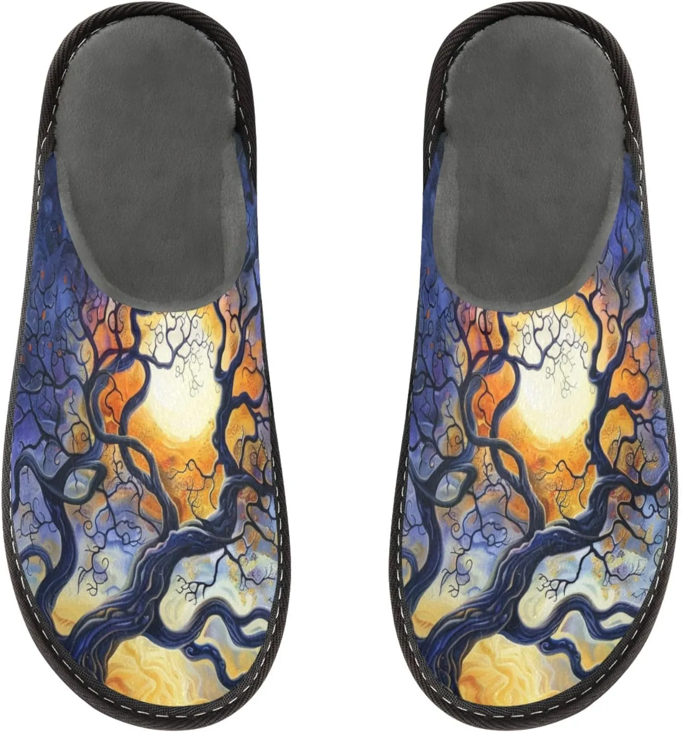 Mens Women's Cosy Slippers, Magic Moonlight Tree Silhouette Painting Casual Slip-On Breathable Memory Foam Scuff House Shoes for Indoor/Outdoor Size 4-11
