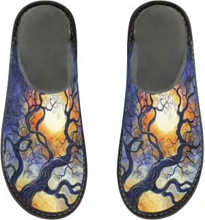 Mens Women's Cosy Slippers, Magic Moonlight Tree Silhouette Painting Casual Slip-On Breathable Memory Foam Scuff House Shoes for Indoor/Outdoor Size 4-11