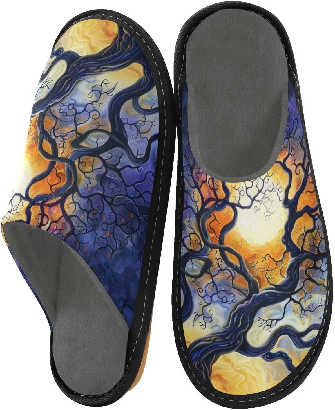 Mens Women's Cosy Slippers, Magic Moonlight Tree Silhouette Painting Casual Slip-On Breathable Memory Foam Scuff House Shoes for Indoor/Outdoor Size 4-11