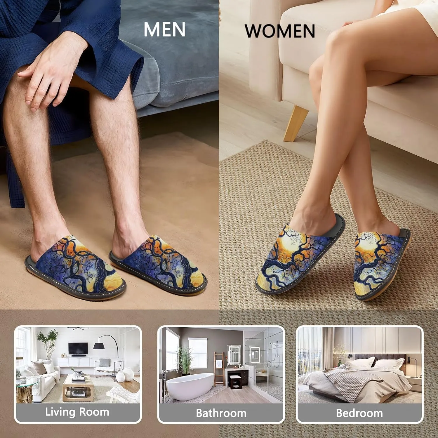 Mens Women's Cosy Slippers, Magic Moonlight Tree Silhouette Painting Casual Slip-On Breathable Memory Foam Scuff House Shoes for Indoor/Outdoor Size 4-11
