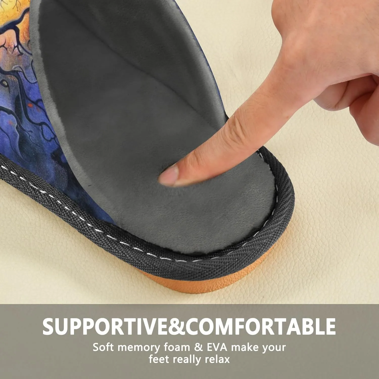 Mens Women's Cosy Slippers, Magic Moonlight Tree Silhouette Painting Casual Slip-On Breathable Memory Foam Scuff House Shoes for Indoor/Outdoor Size 4-11