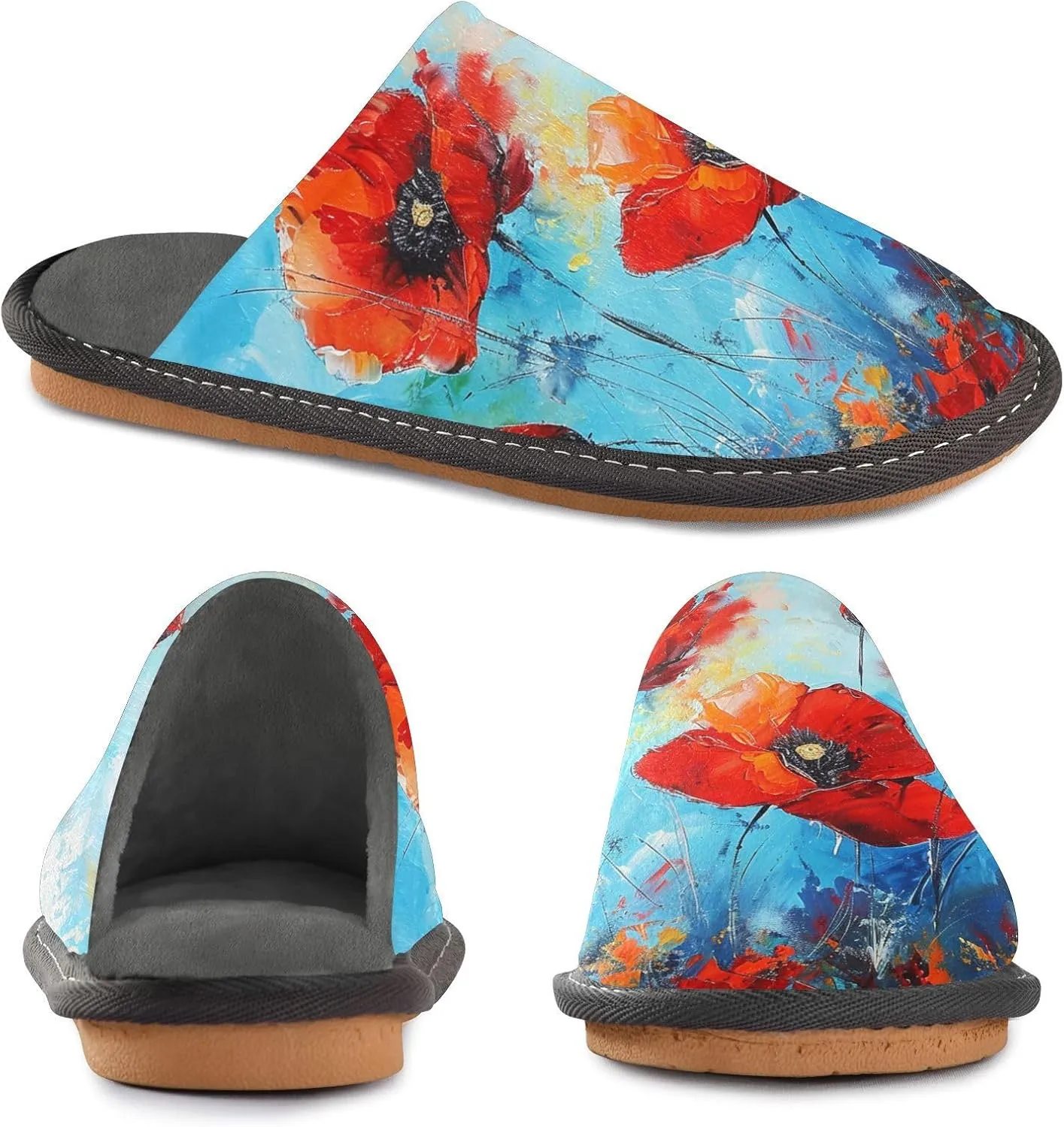 Mens Women's Cosy Slippers, Modern Red Poppy Art Ink Painting Casual Slip-On Breathable Memory Foam Scuff House Shoes for Indoor/Outdoor Size 4-11