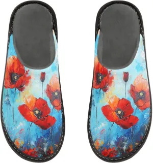 Mens Women's Cosy Slippers, Modern Red Poppy Art Ink Painting Casual Slip-On Breathable Memory Foam Scuff House Shoes for Indoor/Outdoor Size 4-11