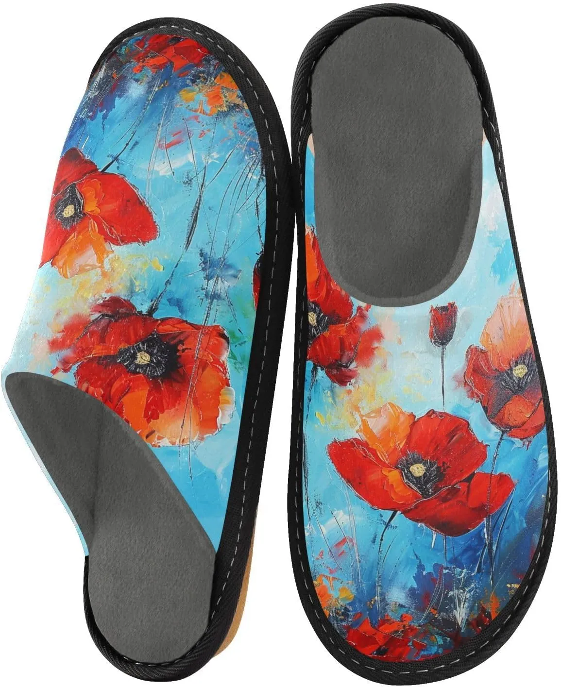Mens Women's Cosy Slippers, Modern Red Poppy Art Ink Painting Casual Slip-On Breathable Memory Foam Scuff House Shoes for Indoor/Outdoor Size 4-11