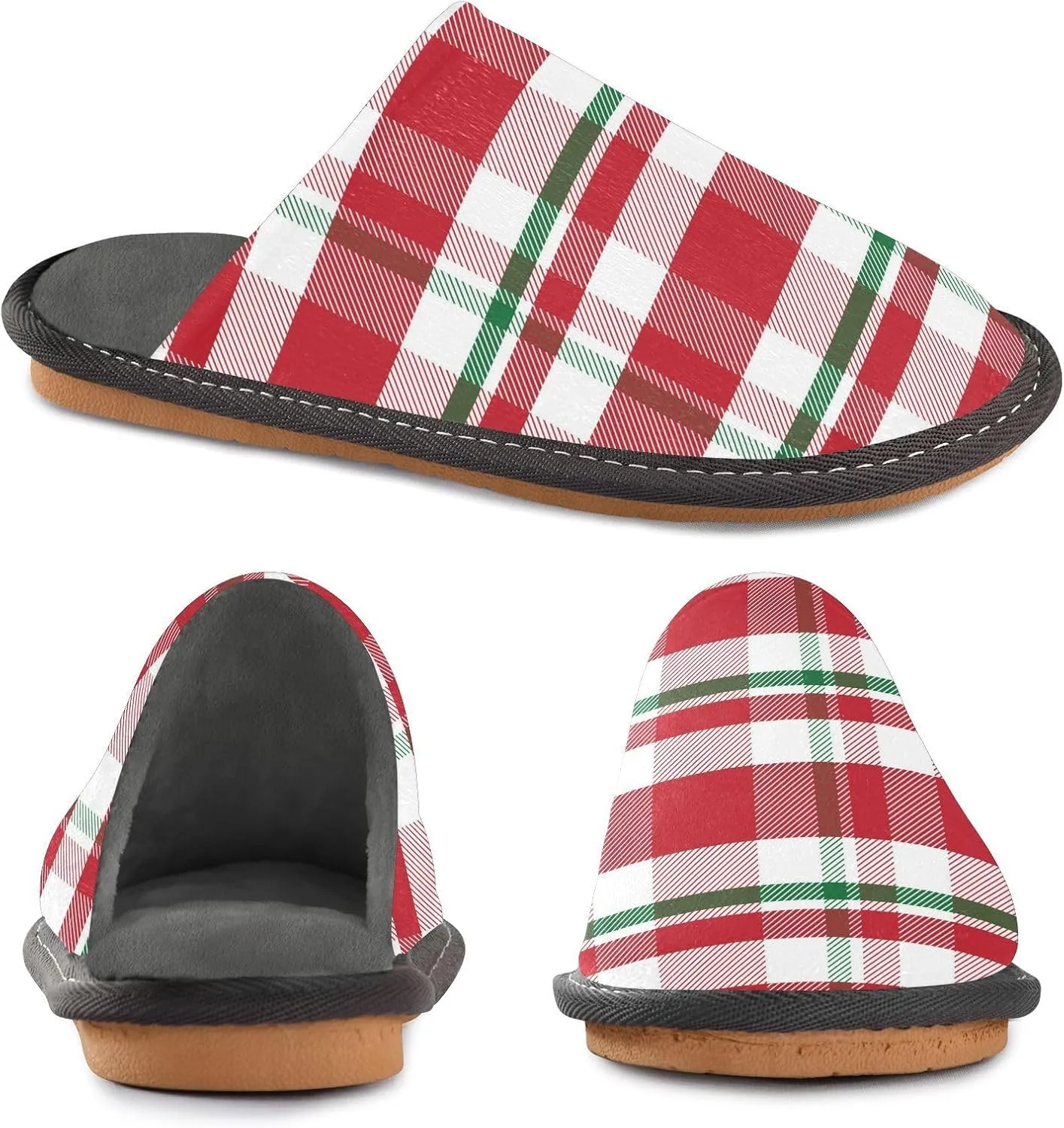 Mens Women's Cosy Slippers, Red Green Christmas Tartan Plaid Slip-On Breathable Memory Foam Scuff House Shoes Casual Slip Indoor/Outdoor Size 4-11