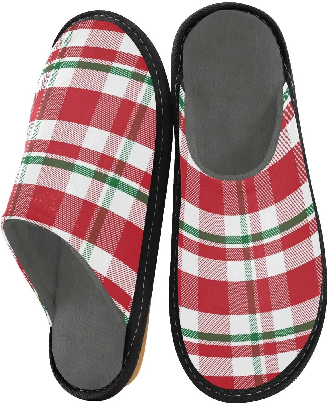 Mens Women's Cosy Slippers, Red Green Christmas Tartan Plaid Slip-On Breathable Memory Foam Scuff House Shoes Casual Slip Indoor/Outdoor Size 4-11