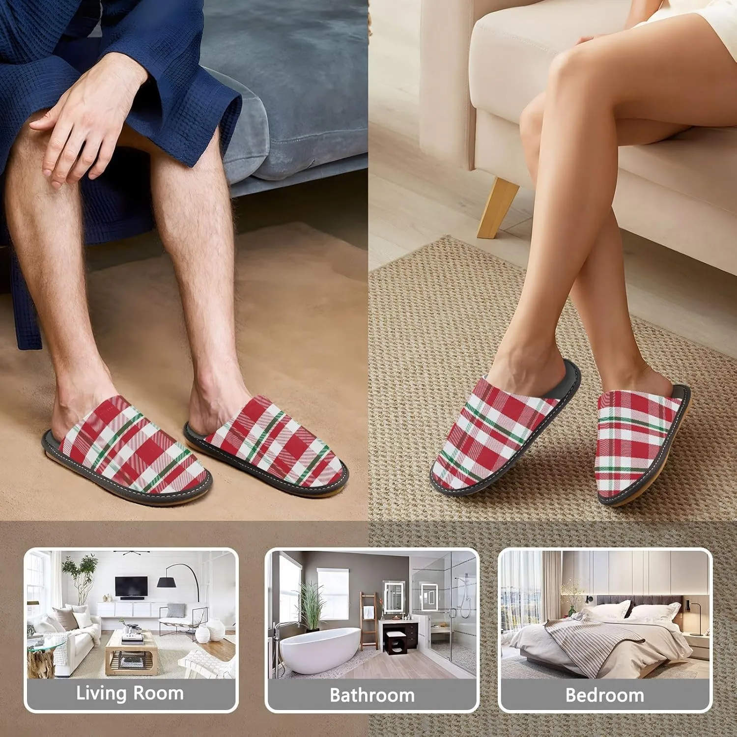 Mens Women's Cosy Slippers, Red Green Christmas Tartan Plaid Slip-On Breathable Memory Foam Scuff House Shoes Casual Slip Indoor/Outdoor Size 4-11