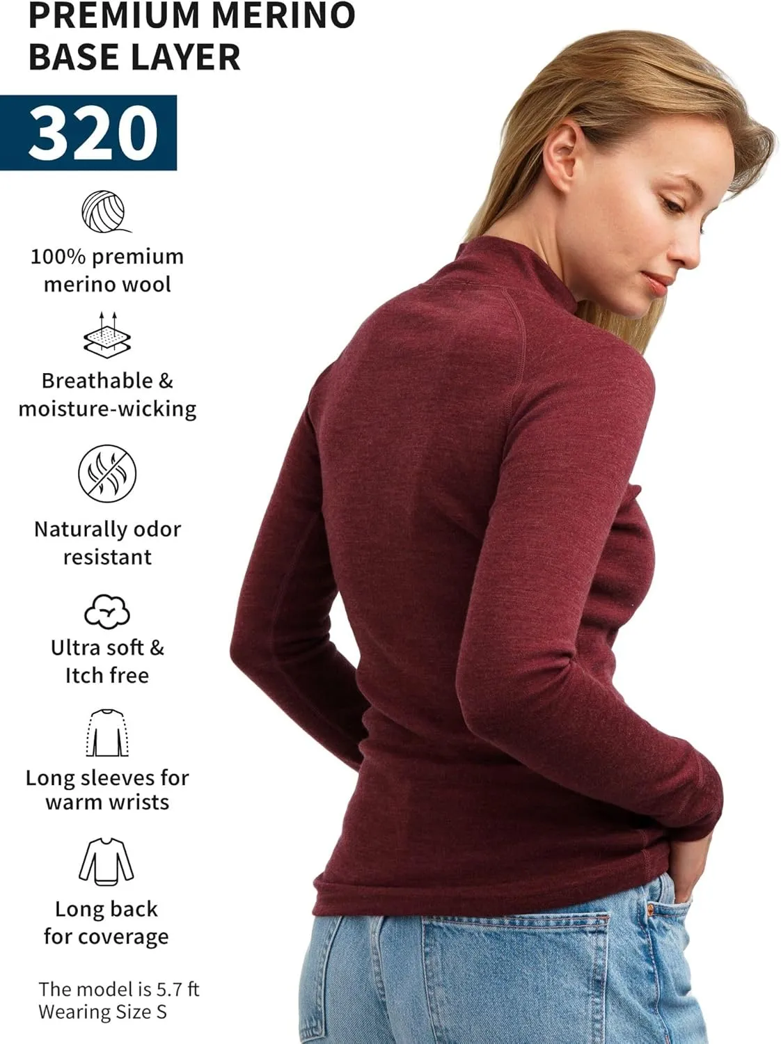 Merino Wool Base Layer Women - 100% Merino Half Zip Sweater Women Lite, Midweight, Heavyweight Thermal Shirts and Socks