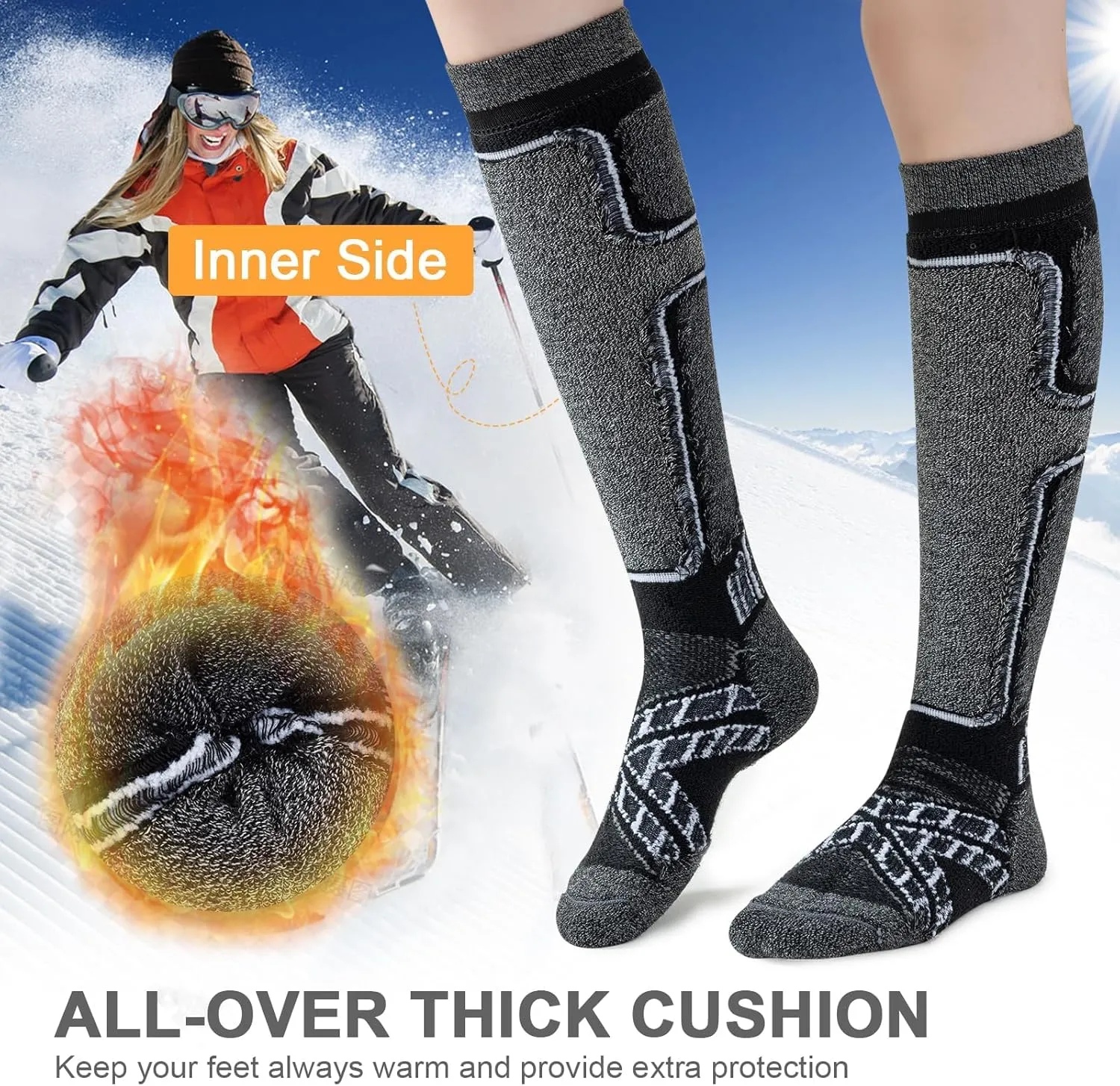 Merino Wool Ski Socks Women Men,2 Pairs Knee High Winter Warm Skiing Socks Performance Thermal Snowboarding Socks