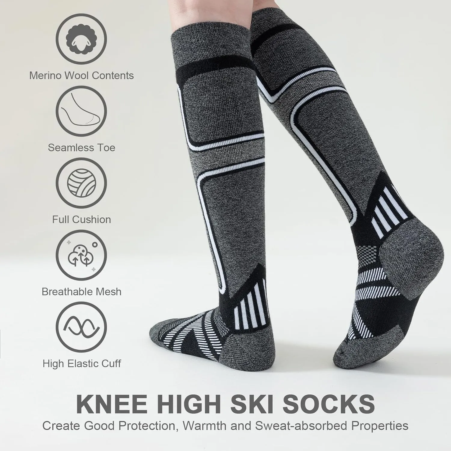 Merino Wool Ski Socks Women Men,2 Pairs Knee High Winter Warm Skiing Socks Performance Thermal Snowboarding Socks