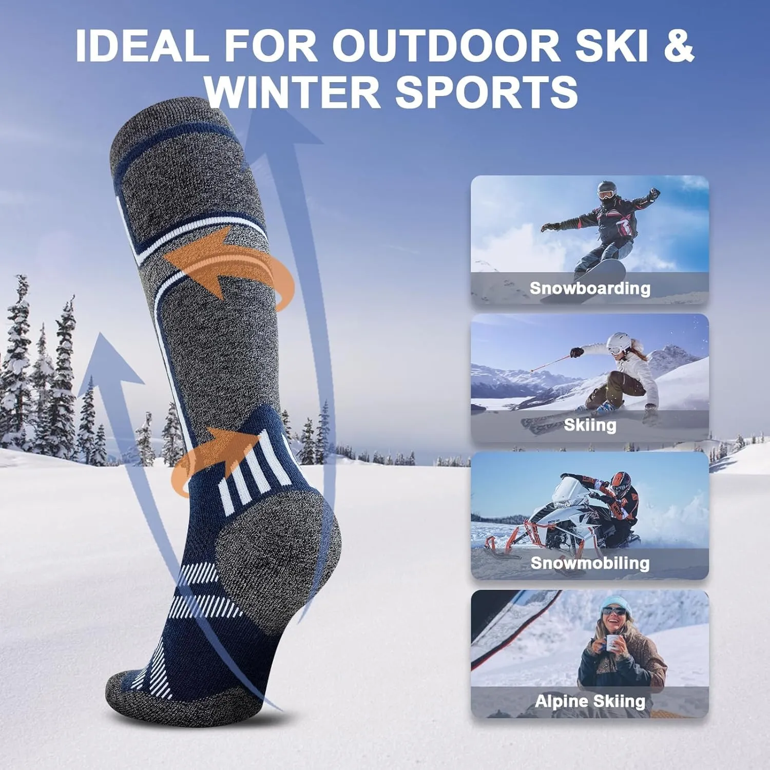 Merino Wool Ski Socks Women Men,2 Pairs Knee High Winter Warm Skiing Socks Performance Thermal Snowboarding Socks