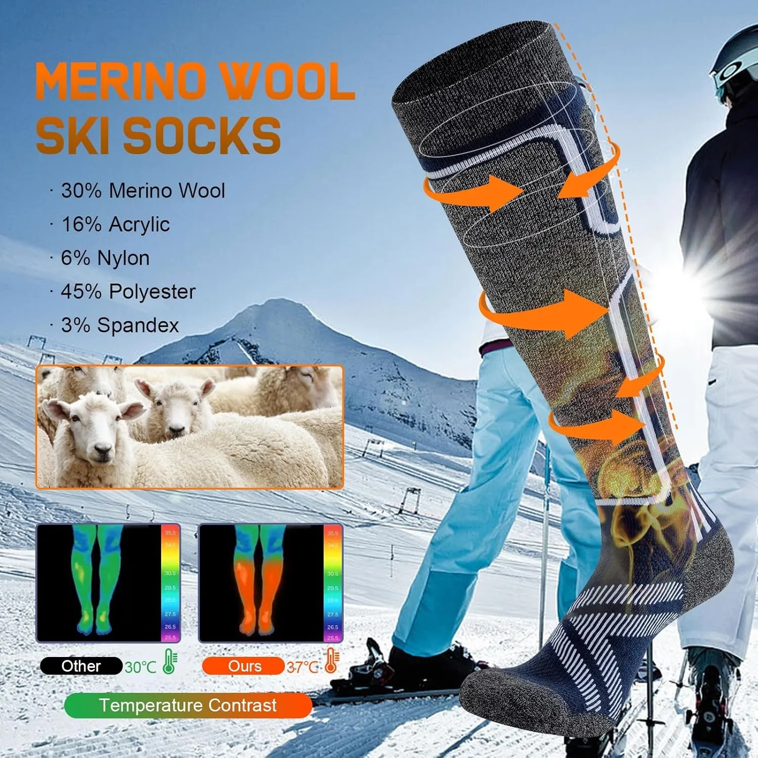 Merino Wool Ski Socks Women Men,2 Pairs Knee High Winter Warm Skiing Socks Performance Thermal Snowboarding Socks