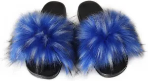 MH Bailment Womens Furry Fluffy Slippers Faux Fur House Slippers Open Toe Fuzzy Slides Soft Flat Slip On Sandals for Indoor Outdoor