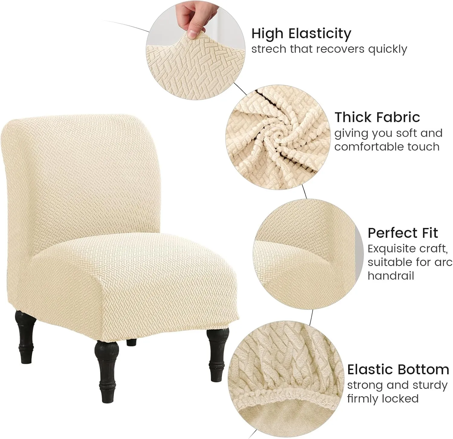 MIFXIN Armless Accent Chair Cover Knitted Stretch Slipper Chair Couch Slipcover Removable Washable Furniture Protector Covers for Living Room Bedroom Hotel (Jacquard Beige)