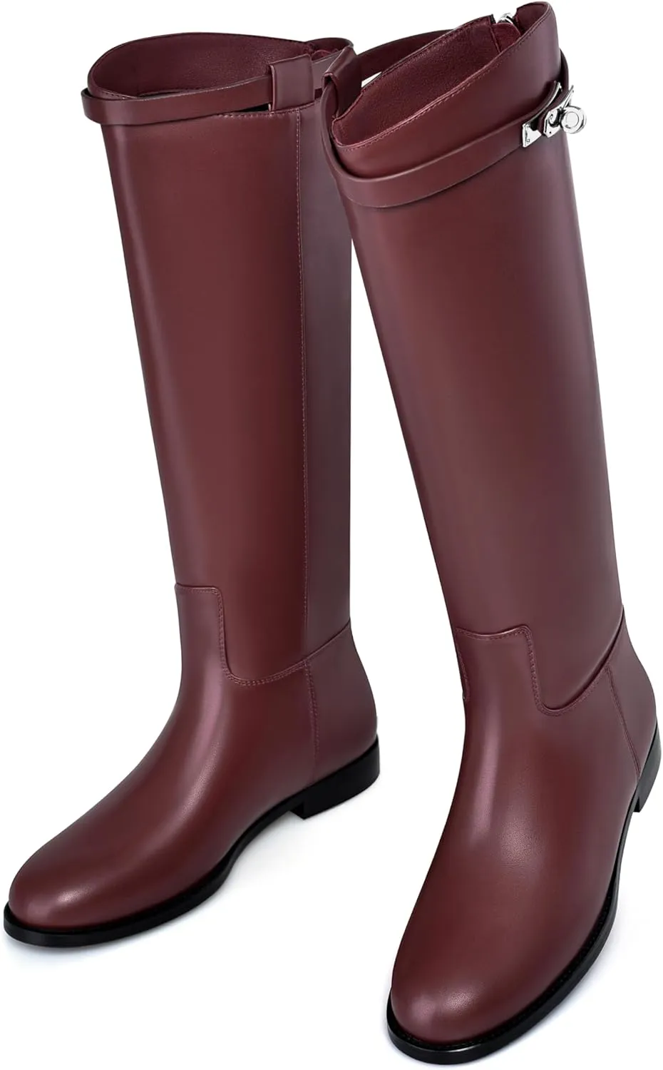 MIRAAZZURRA Flat Knee High Boots Women Round Toe Tall Flat Boots with Buckle Back Zipper Womens Riding Boots