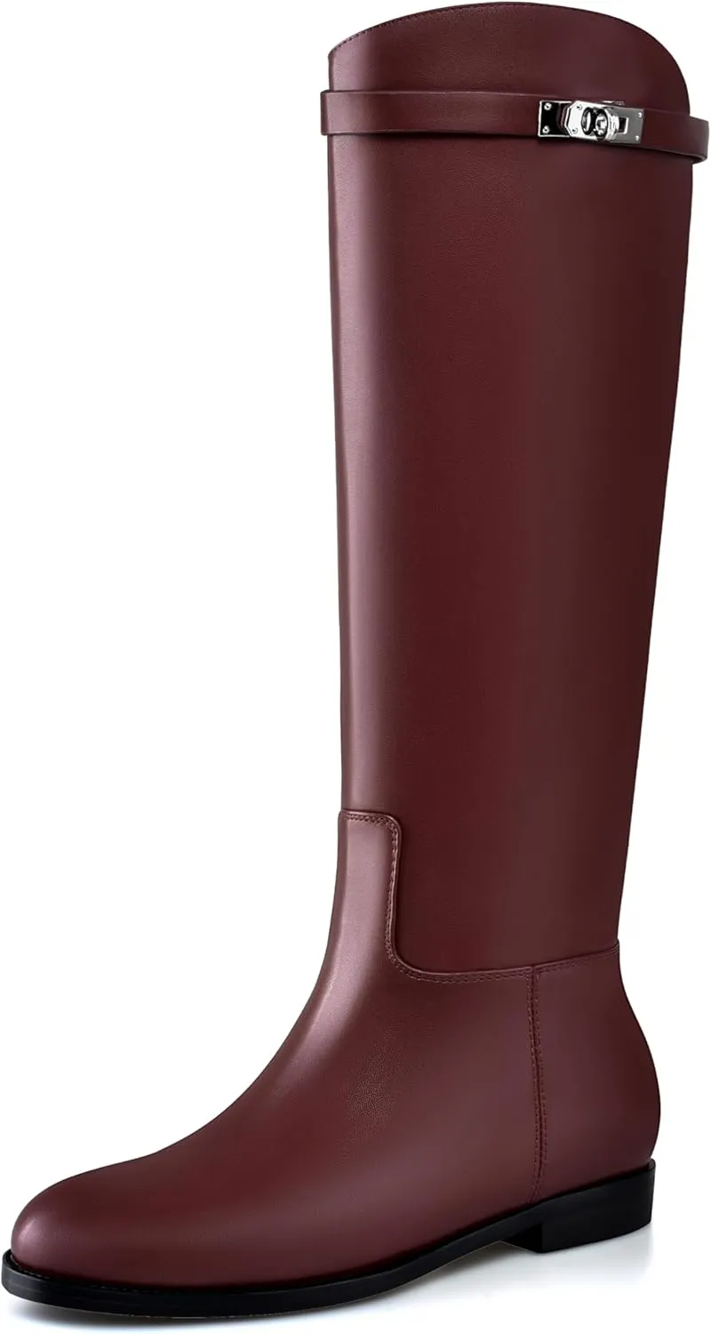 MIRAAZZURRA Flat Knee High Boots Women Round Toe Tall Flat Boots with Buckle Back Zipper Womens Riding Boots