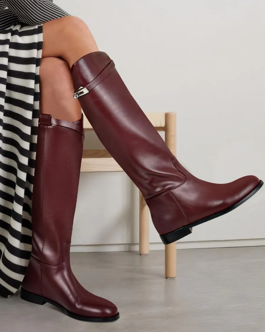 MIRAAZZURRA Flat Knee High Boots Women Round Toe Tall Flat Boots with Buckle Back Zipper Womens Riding Boots