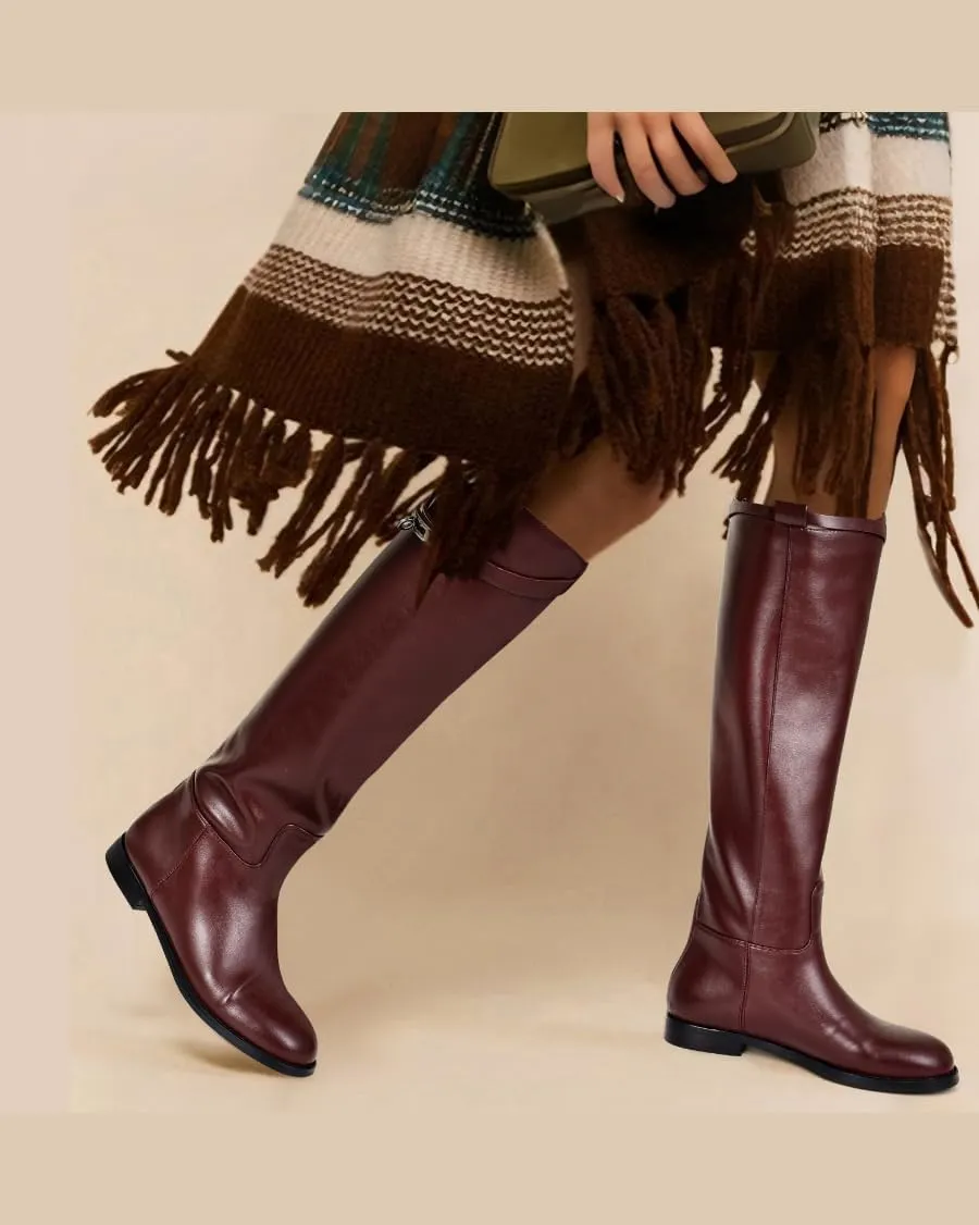 MIRAAZZURRA Flat Knee High Boots Women Round Toe Tall Flat Boots with Buckle Back Zipper Womens Riding Boots