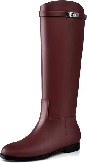 MIRAAZZURRA Flat Knee High Boots Women Round Toe Tall Flat Boots with Buckle Back Zipper Womens Riding Boots