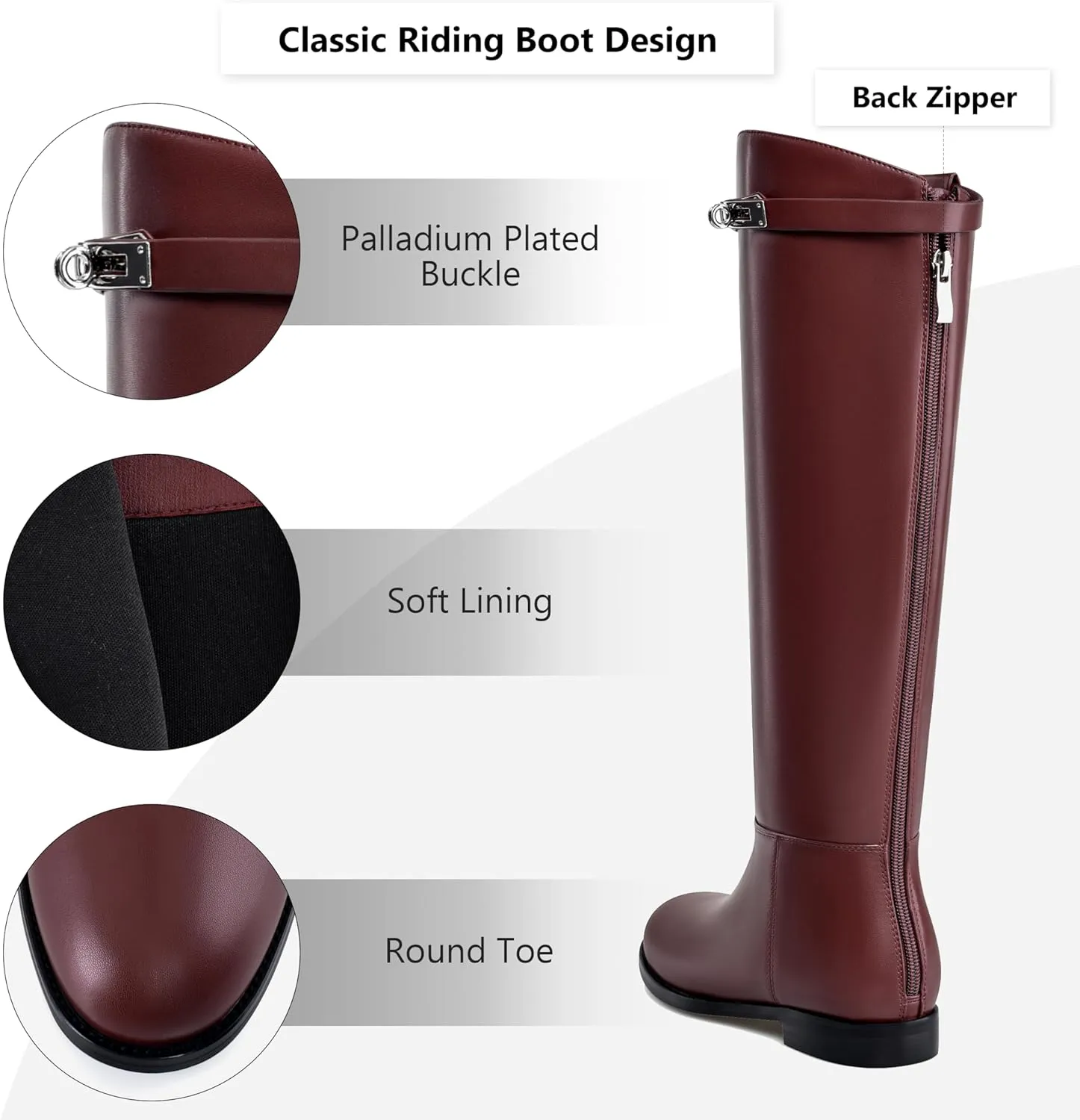 MIRAAZZURRA Flat Knee High Boots Women Round Toe Tall Flat Boots with Buckle Back Zipper Womens Riding Boots