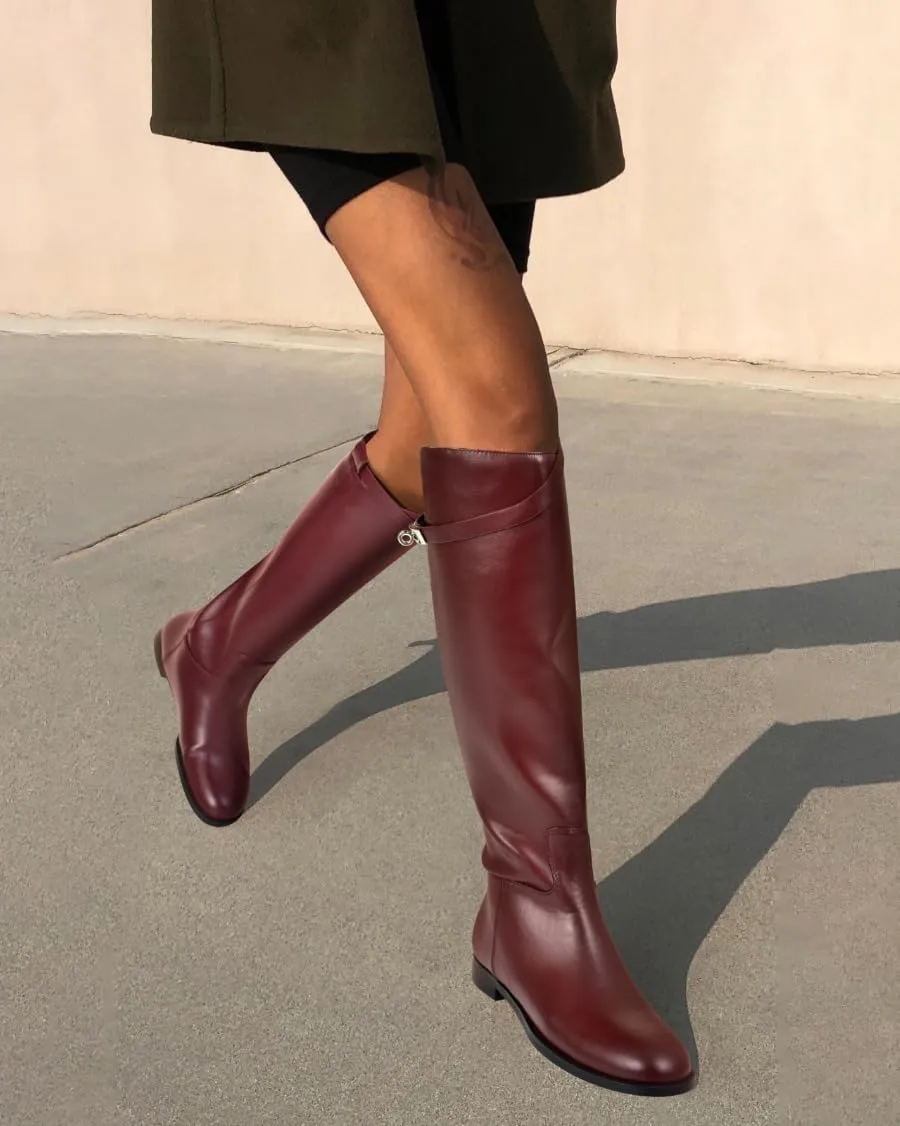 MIRAAZZURRA Flat Knee High Boots Women Round Toe Tall Flat Boots with Buckle Back Zipper Womens Riding Boots